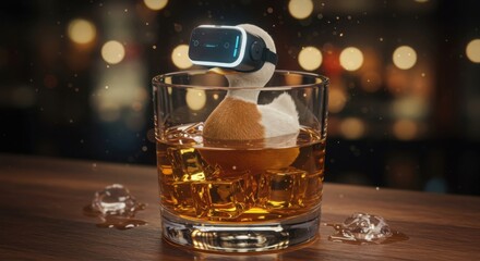 Duck wearing virtual reality headset in whiskey glass