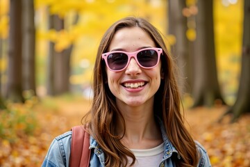 Academic Achievement Personified: Teenage Girl in Pink Sunglasses Strikes a Pose in Autumn Forest