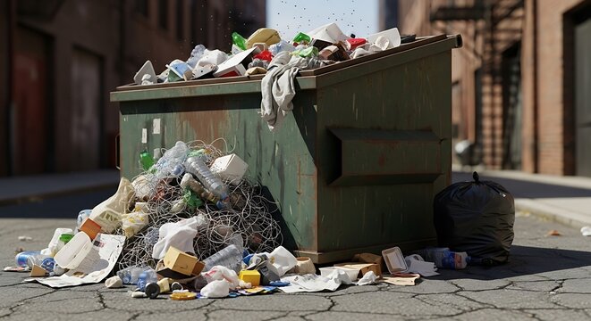 A overflowing dumpster overflowing with discarded waste on a city street, showcasing the issue of urban litter.