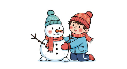 Kid building snowman for winter fun, holiday greeting card, christmas season, new year celebration.