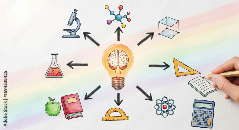 Poster light bulb brain science education creativity and learning concept with colorful hand drawn icons in