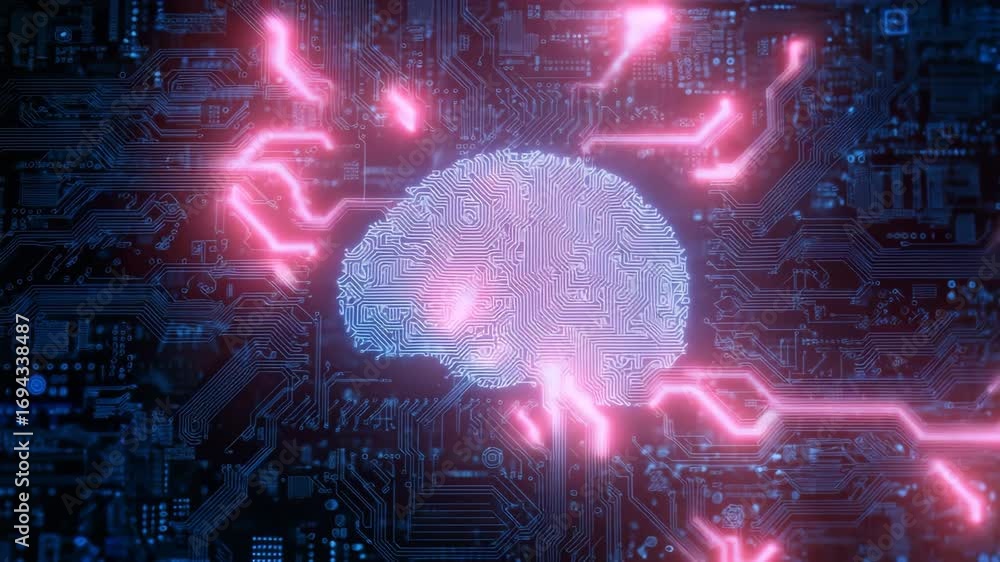 Poster Digital brain circuitry: ai and neural network technology concept with glowing circuit board