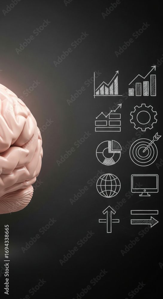Poster human brain analytics icon chart gear target and technology symbol on dark background representing i