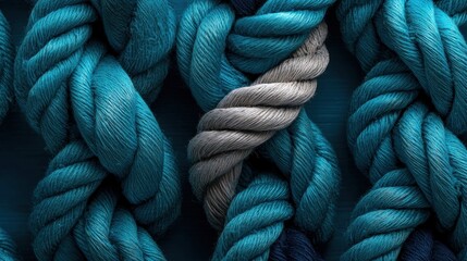 Close-up of a group of twisted rope in different shades of blue and gray. the rope appears to be made of wool or a similar material and is coiled in a way that creates a textured surface.