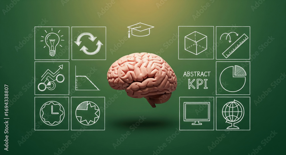 Poster brain education abstract kpi and technology icons on green background symbolizing knowledge learning