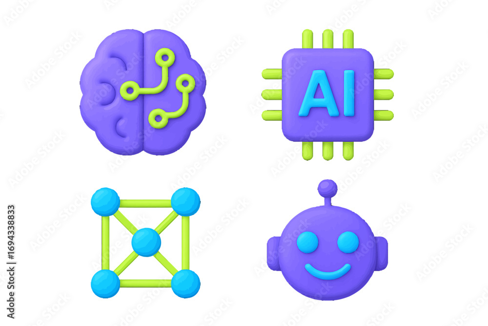 Poster modern artificial intelligence and technology concepts featuring brain, processor, data network, and