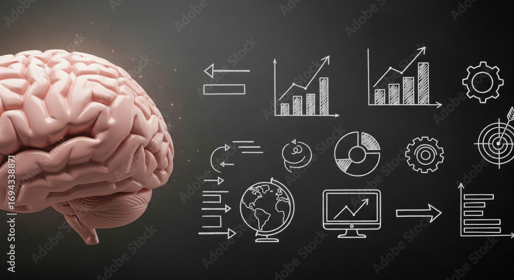Poster human brain data analysis chart graph and technology icons on black background symbolizing artificia