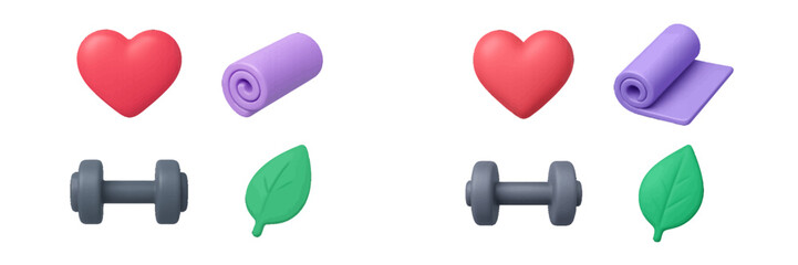 Fototapeta premium Collection of heart, yoga mat, dumbbell, and green leaf symbols for health, fitness, and natural well-being