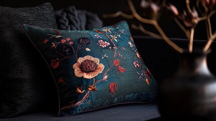 Dark blue throw pillow with a floral design on it. the pillow is square in shape and has a dark green background with a large orange flower in the center.