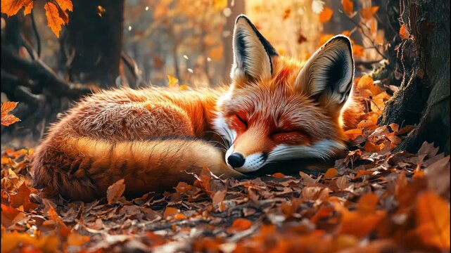 Red fox sleeping on autumn leaves in peaceful forest scene