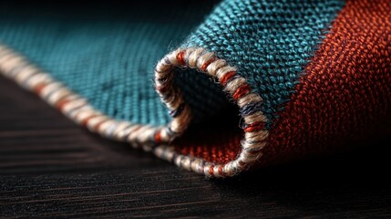 Close-up of a piece of fabric with a woven texture. the fabric appears to be made of a blue and orange striped fabric, with the blue on the left side and the orange on the right side.