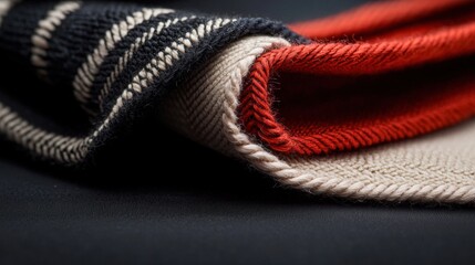 Close-up of a folded piece of fabric. the fabric appears to be made of a woven material, possibly cotton or a similar material, with a striped pattern in black and white.