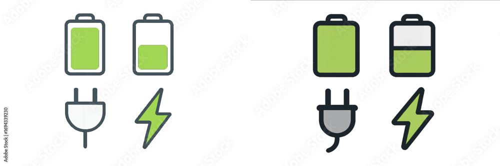 Poster battery charge level indicators with power plug and lightning bolt symbols representing energy statu