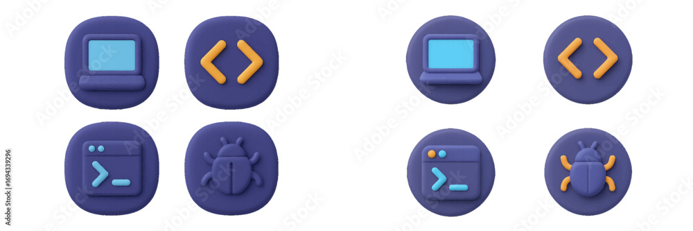 Poster set of modern programming and software development icons featuring laptop, code brackets, terminal w