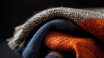 Close-up of a folded piece of fabric. the fabric appears to be made of a woven material with a textured pattern in shades of orange, blue, and black.