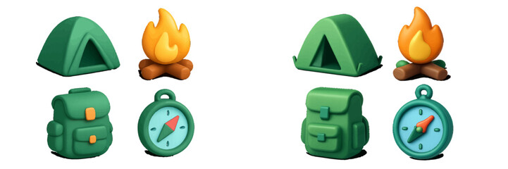 Charming camping adventure icons set featuring tent, campfire, backpack, and compass for outdoor activity graphics