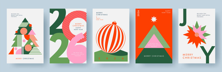Merry Christmas and Happy New Year Set of greeting cards, posters, holiday covers, backgrounds. Design templates with typography, season wishes in modern minimalist style for web, social media, print