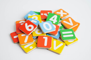 Number wood block cubes for learning Mathematic, education math.