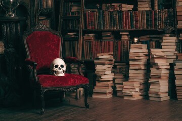Skull on Antique Red Chair in Vintage Library Filled with Books.