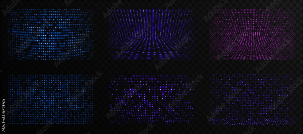 Poster set of abstract light backgrounds with bright blue and purple dots on a black background. digital gr