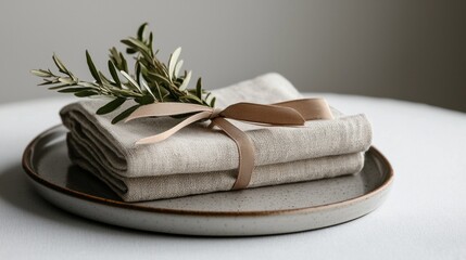 Stack of folded linen napkins on a round plate. the napkins are neatly folded and tied together with a brown ribbon. on top of the napkins, there is a sprig of olive branch with green leaves.