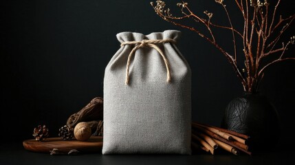 Small drawstring bag made of a light grey fabric, tied with a white string. the bag is placed on a black surface, with a few dried branches and twigs scattered around it.