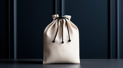 Small, beige-colored drawstring bag on a black surface. the bag appears to be made of a soft, textured fabric and has three black drawstrings tied in a knot at the top.
