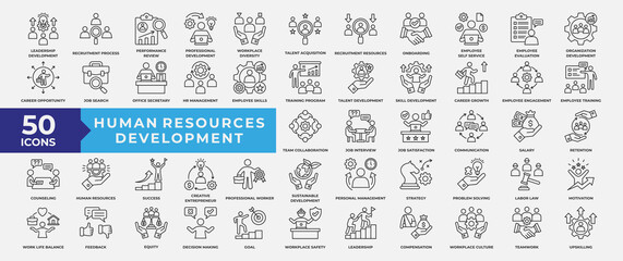 Human Resources Development Icons Collection Set. Containing leadership, development, talent, teamwork, human, performance, recruitment, strategy and skill. Simple Line Vector Illustration.