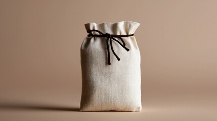 Small, rectangular, beige-colored bag made of a woven fabric. the bag is tied with a black string that is tied in a bow at the top.