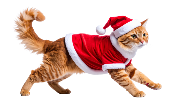 Ginger Cat in Santa Outfit Stretching, Side View, Transparent Background PNG