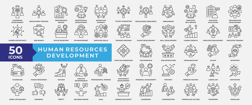 Human Resources Development Icons Collection Set. Containing leadership, development, talent, teamwork, human, performance, recruitment, strategy and skill. Simple Line Vector Illustration.