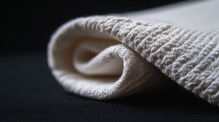 Close-up of a folded piece of white fabric. the fabric appears to be made of a soft, textured material and has a ribbed texture.