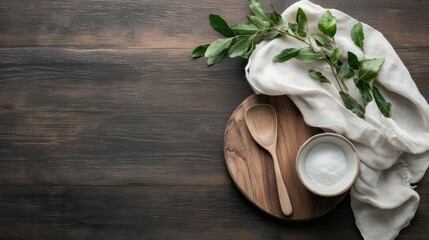 Flat lay of a wooden table with a white cloth napkin on the right side. on the left side of the table, there is a wooden plate with a wooden spoon and a small bowl of white powder on it.