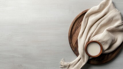 Wooden plate with a small bowl of milk on it. the plate is placed on a light grey textured surface. on the right side of the plate, there is a beige-colored towel draped over the edge of the bowl.