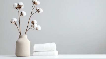 White vase with a bunch of cotton flowers in it. the vase is made of a light-colored material and has a round shape with a narrow neck. next to the vase, there is a stack of folded white towels.