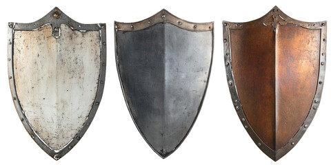 Three Medieval Shields of Varying Materials and Conditions on Black armor protection isolated on a transparent background