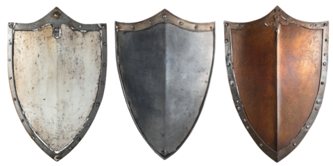 Three Medieval Shields of Varying Materials and Conditions on Black armor protection isolated on a transparent background