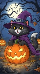 Cartoon black cat wearing a witch hat and cape sitting with carved pumpkins under a full moon at night