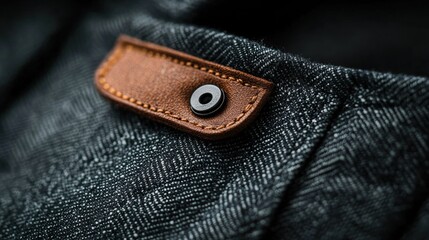 Close-up of a leather patch on the back of a pair of dark blue jeans. the patch is rectangular in shape and has a small black button in the center.