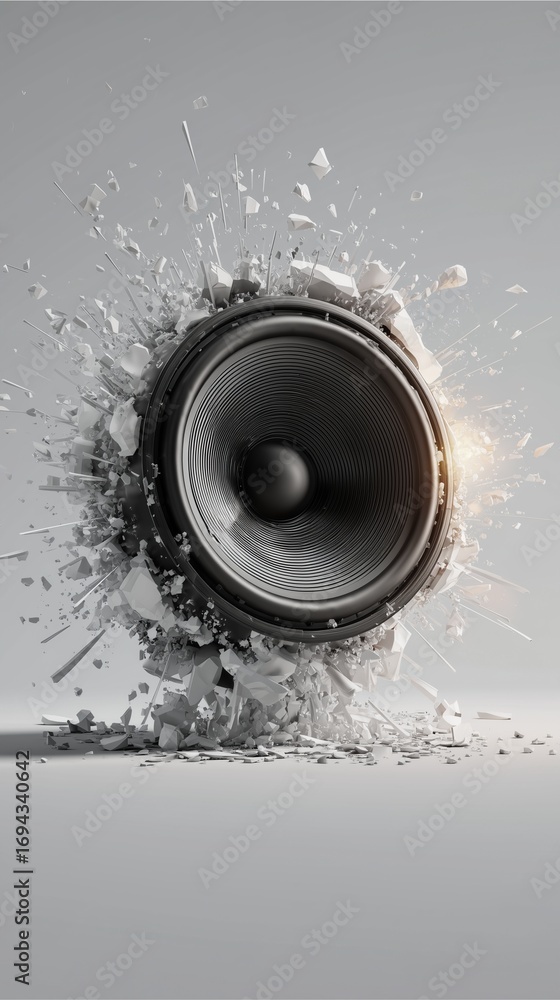 Poster soundwave explosion: a dynamic visual of a powerful speaker breaking through barriers, with sharp sh