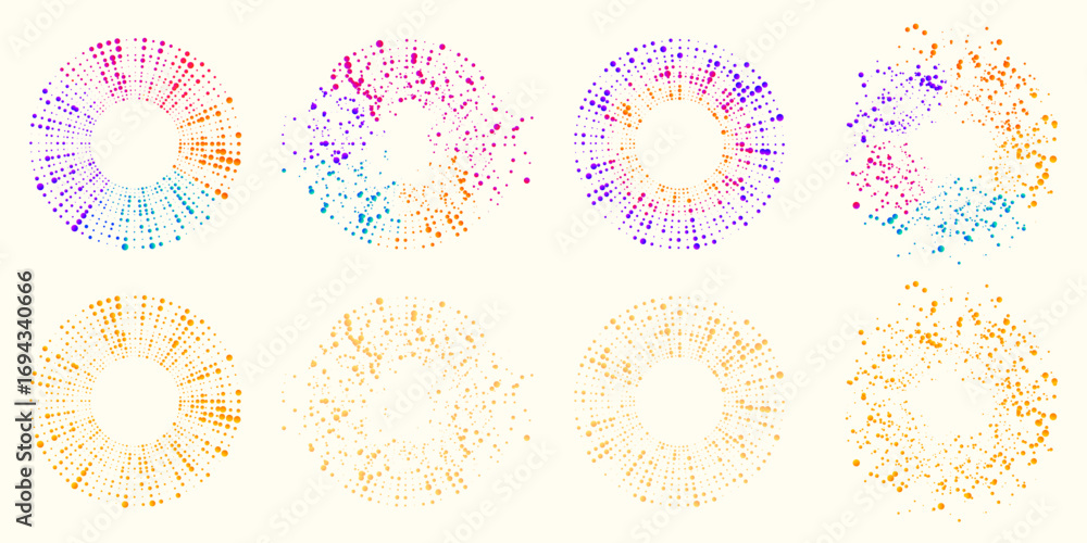 Poster set of abstract round dot shapes in vibrant gradient colors. dynamic geometric compositions for post