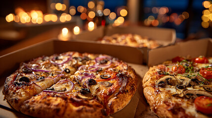 Two delicious pizzas in open boxes one topped