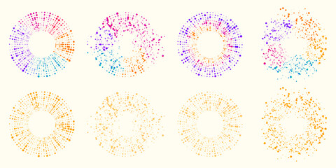 Set of abstract round dot shapes in vibrant gradient colors. Dynamic geometric compositions for posters, presentations, backgrounds, infographics and modern digital design.