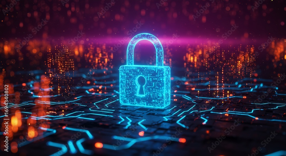 Fototapete cyber security lock concept - digital padlock with glowing circuits, binary code, and data flow, ill