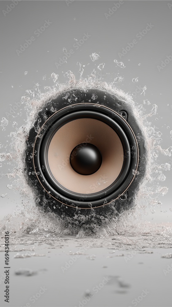 Poster sound wave collision: a speaker experiences a dynamic impact as water erupts around its core, result