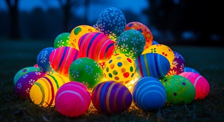 Glowing Easter eggs with night grass.