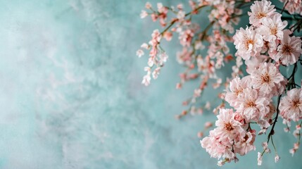 Close-up of a branch of pink cherry blossom flowers. the flowers are in full bloom, with delicate petals that are a soft pink color.
