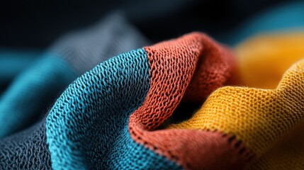 Close-up of a folded piece of fabric. the fabric appears to be made of a soft, knitted material with a striped pattern in shades of blue, orange, and yellow.