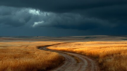 Dramatic photograph of a dirt track winding through a vast golden wheat field. It is under a dark, imposing storm cloud with a single beam of light.