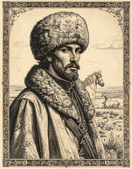 Fototapeta premium Engraving style portrait of a Mongolian horseman in traditional fur hat and deel robe with steppe background, vintage etching